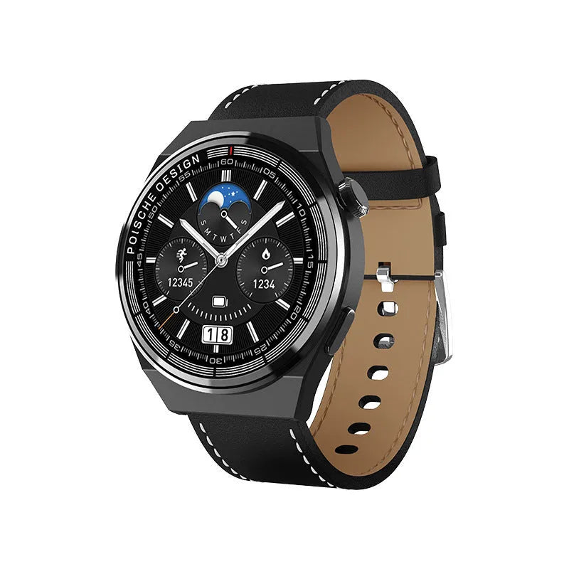 Black Bluetooth smartwatch with a circular 1.39-inch screen on a silicone strap, showing NFC and health tracking functions.