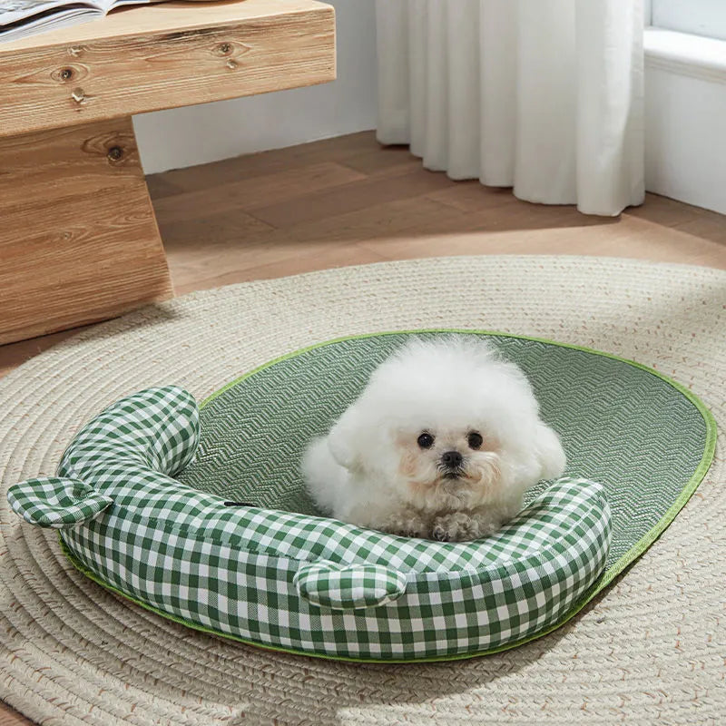 Green and yellow four-season universal dog mat and cat bed mattress in four sizes for summer cooling.
