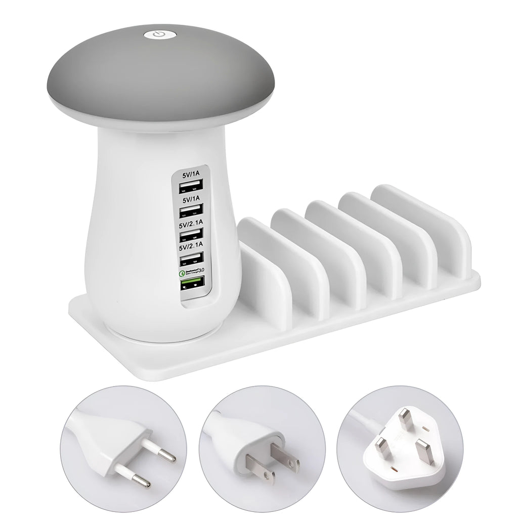 White mushroom-shaped USB charging station with LED light and five charging ports