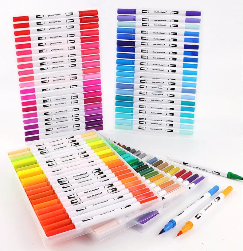 Set of watercolour pens in a case showing multiple vibrant colours for artistic use.