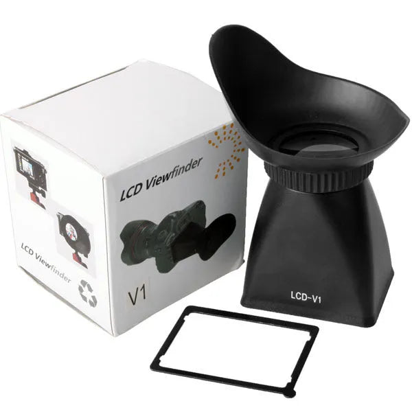 Black camera LCD viewfinder magnifier with magnetic attachment shown on a DSLR camera.