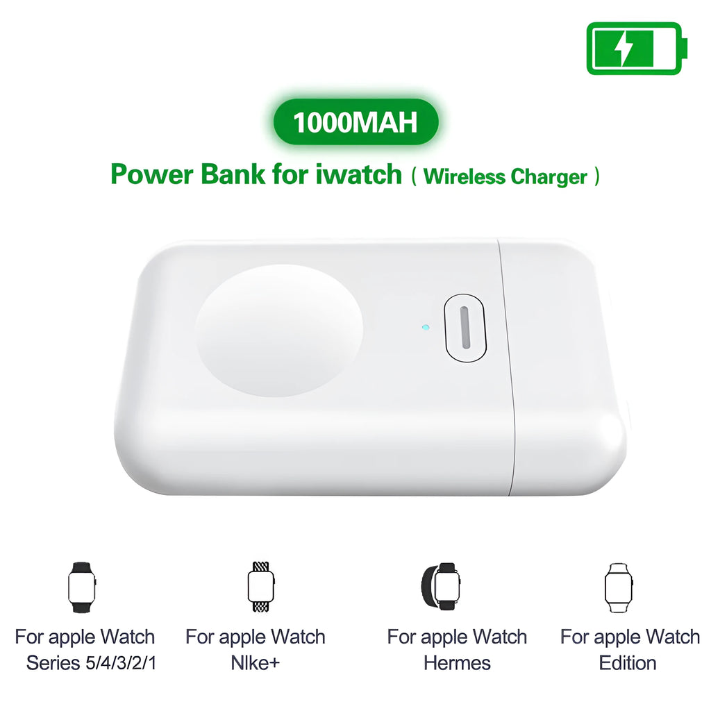 White mini wireless charger for Apple Watch with magnetic pad and Micro USB port on compact plastic casing