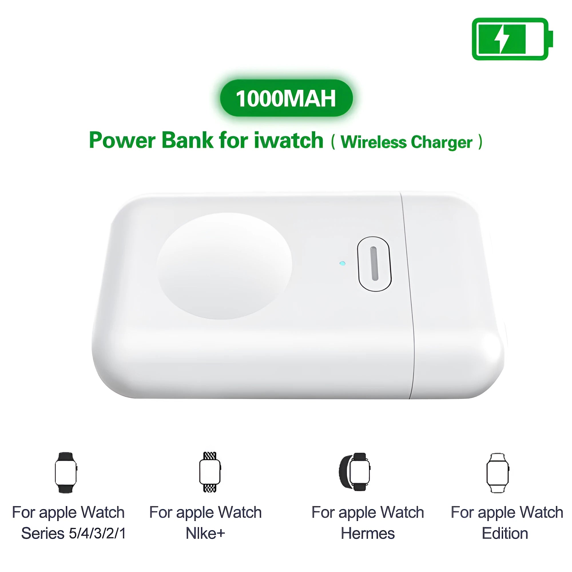 White mini wireless charger for Apple Watch with magnetic pad and Micro USB port on compact plastic casing