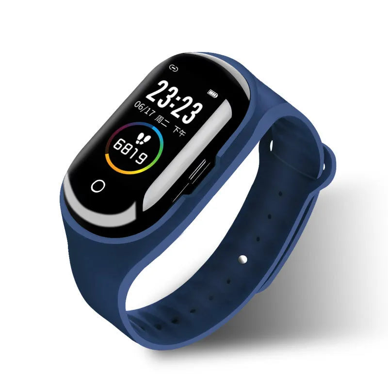 Smart bracelet earphone combo with 1-inch screen on silicone wristband in black, blue, and red colours