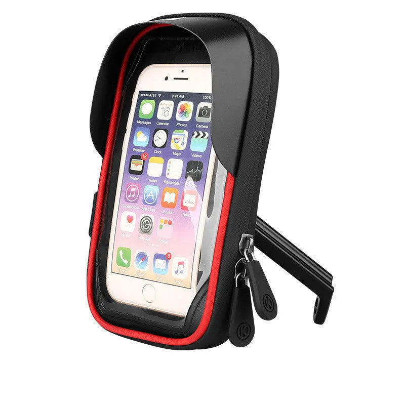 Black mobile phone mount for bicycle handlebars with waterproof zipper, showing touch-sensitive TPU front.