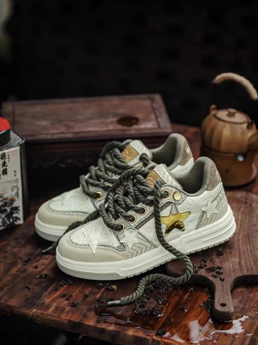 Unisex low-top cowhide leather platform running shoes in West Lake Dragon Well Tea colour with a round toe and lace-up front.