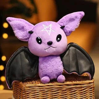 Purple and black short plush bat toys with PP cotton filling, 30cm and 45cm sizes, on a light background