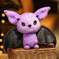Purple and black short plush bat toys with PP cotton filling, 30cm and 45cm sizes, on a light background