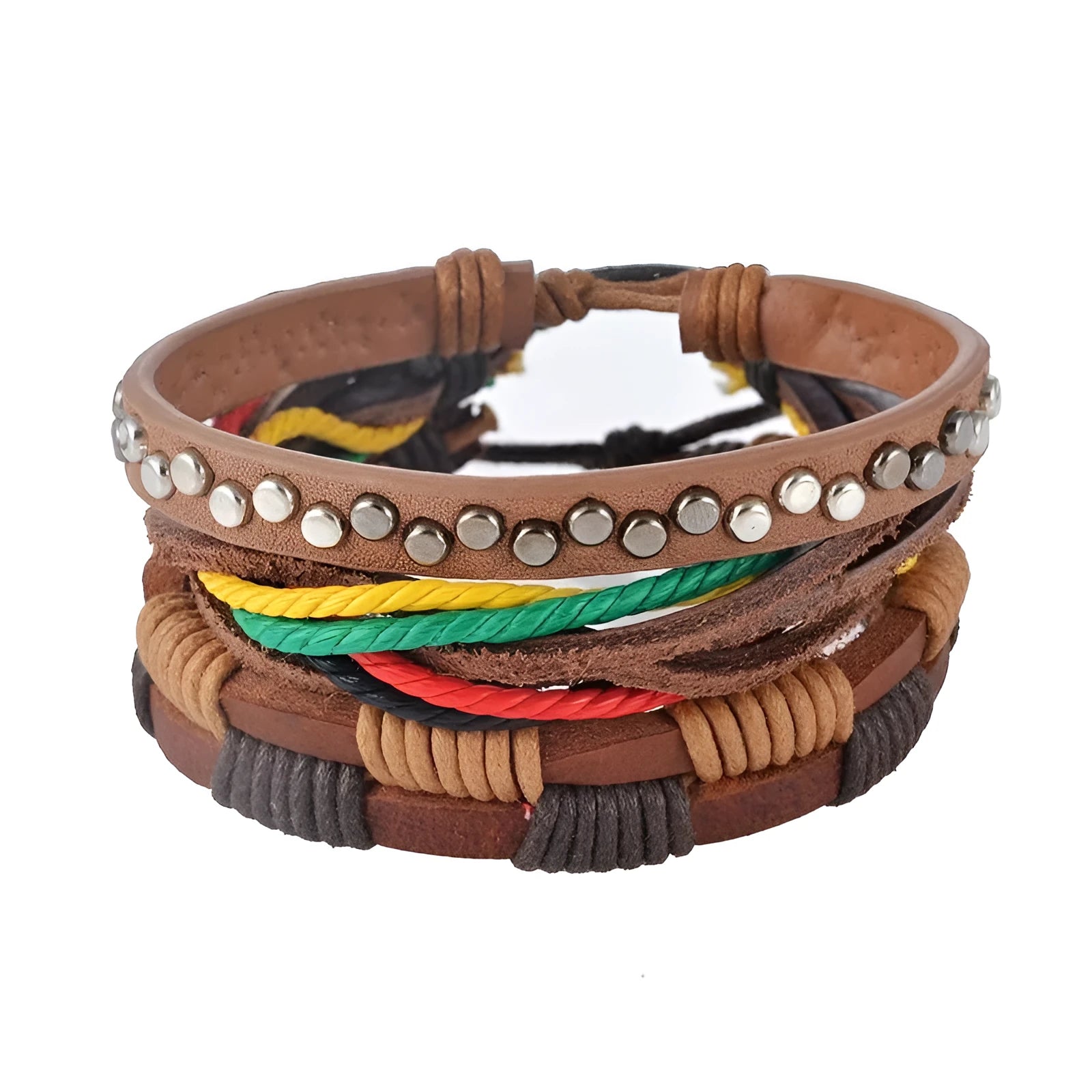 Handmade adjustable leather bead bracelet with multilayer design featuring cowhide leather, wooden beads, and woven ropes