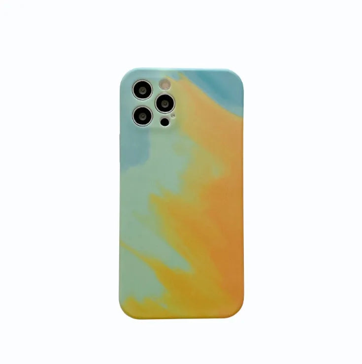 Soft silicone iPhone case with an oil painting gradient and abstract geometric pattern in purple.
