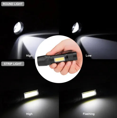 Black aluminium alloy telescopic LED flashlight with adjustable focus and carrying clip