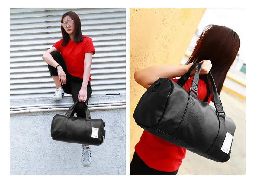 Black waterproof sports duffle bag with a separate side shoe compartment and diagonal shoulder straps.