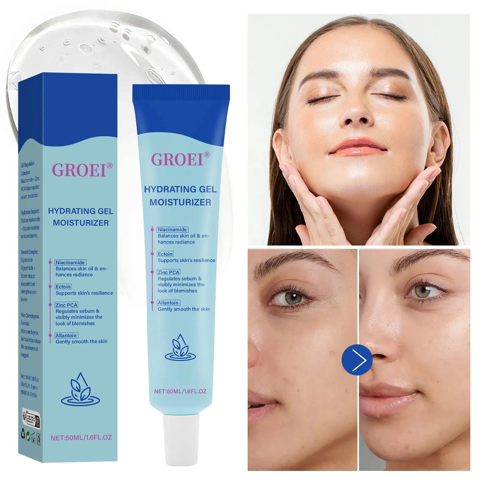 50ml tube of hyaluronic acid moisturising facial gel for skin hydration
