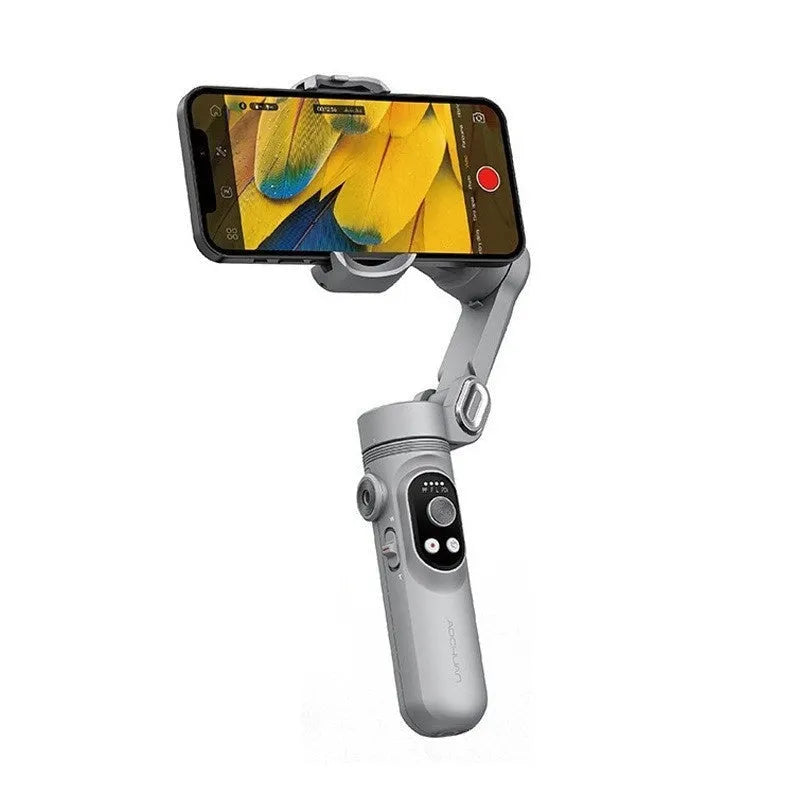 Silver grey smartphone gimbal stabiliser with extended arms and Bluetooth remote on a black background.