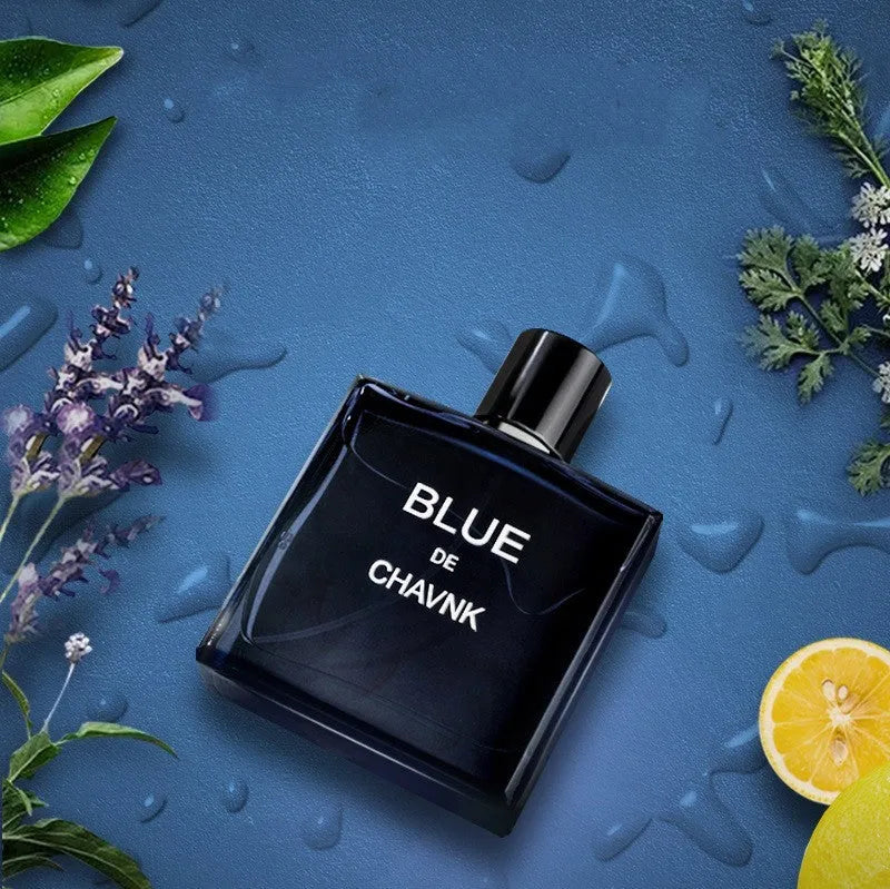 Men's perfume bottle in Black or Blue with woody sandalwood and cedar notes, available in 100ml, 50ml, and 30ml