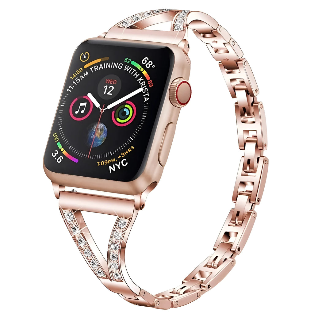 Stainless steel Apple Watch strap with diamond studs in black, gold, pink, rose gold, and white colour options.