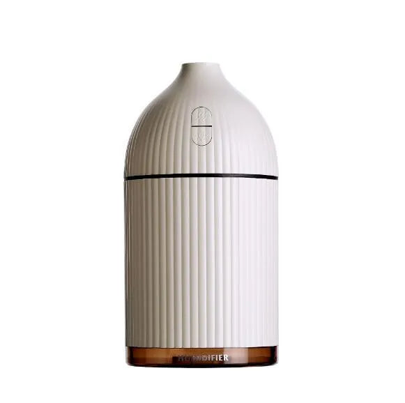 White ultrasonic aromatherapy diffuser and air humidifier with LED light, 300ml capacity, dimensions 80x80x155mm.