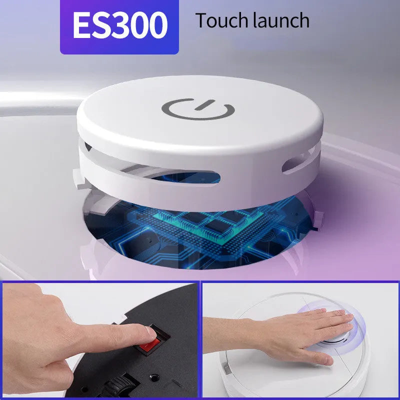Automatic sweeping robot cleaner with a square body, shown on a hardwood floor.