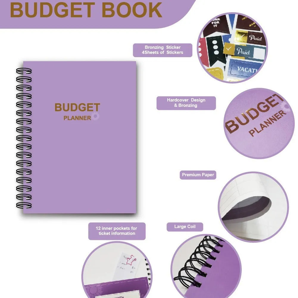 J12 purple coil-bound budget book open showing Daolin paper pages with financial tracking stickers and paper clips