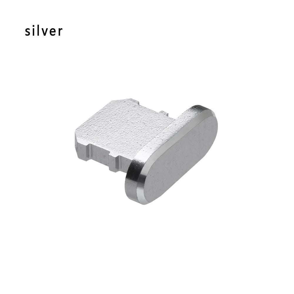 Aluminium alloy charging port dust plug for iPhone in various colours including gold, silver, blue, and black.