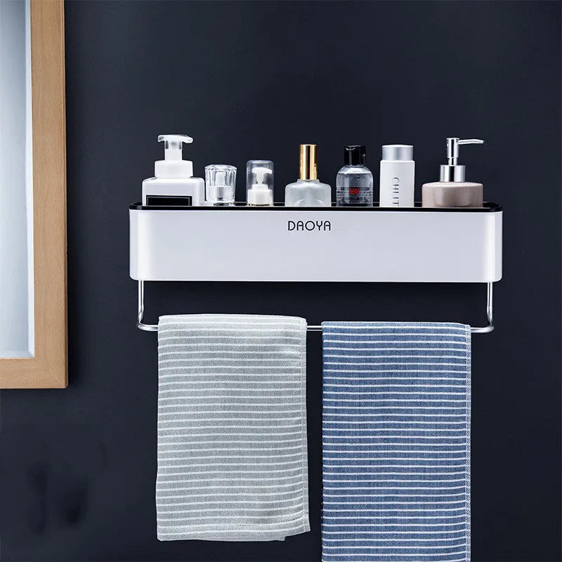 Plastic bathroom wall shelf with hole-free installation for shampoo and shower gel storage in black or grey