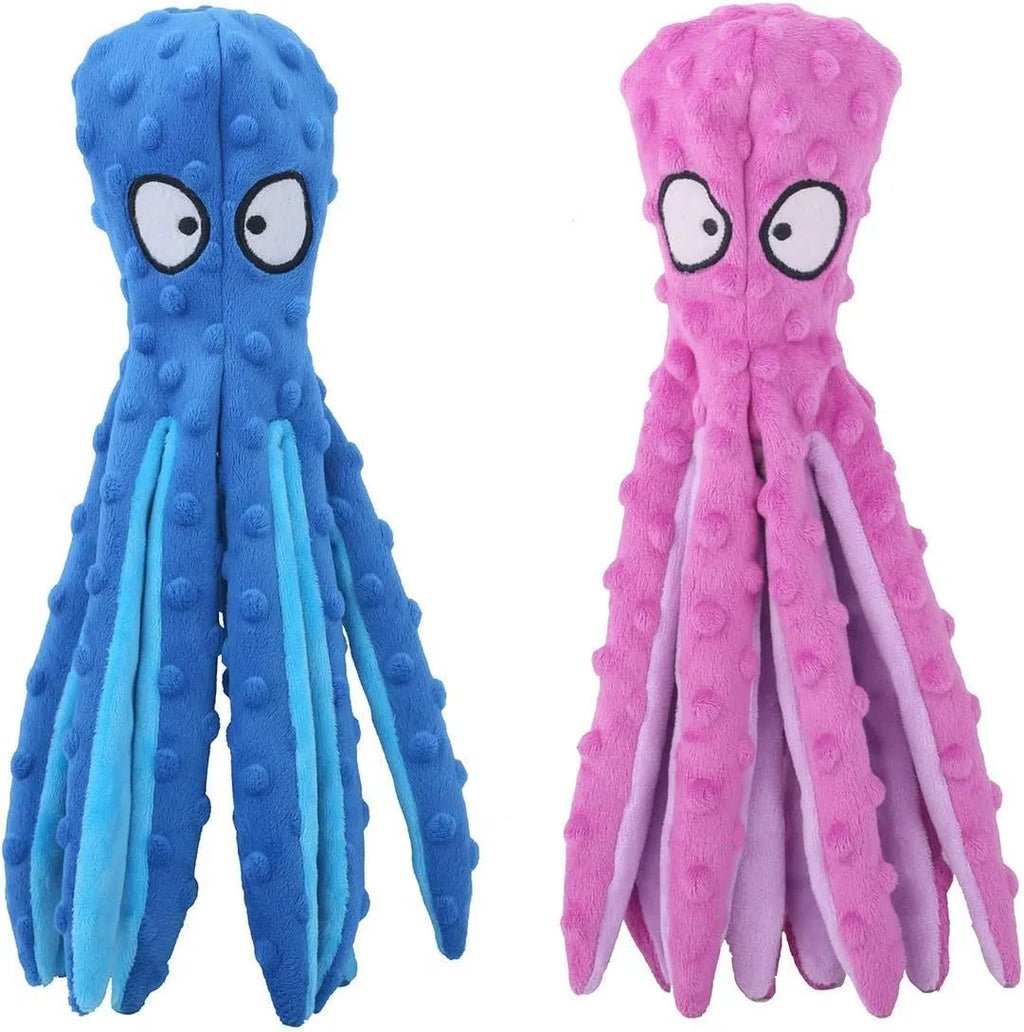 Blue unfilled octopus plush dog toy with crinkle and squeaker, shown next to a tape measure indicating its 32cm length.
