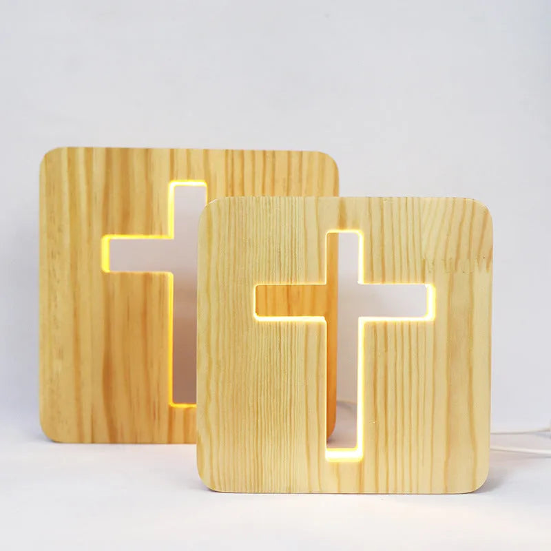Solid wood hollow night lamp with warm white LED light and USB power cable