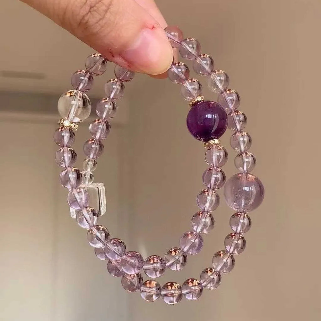 Women's artificial amethyst bracelet with pearl pendant and four-leaf clover charm on U-shaped design