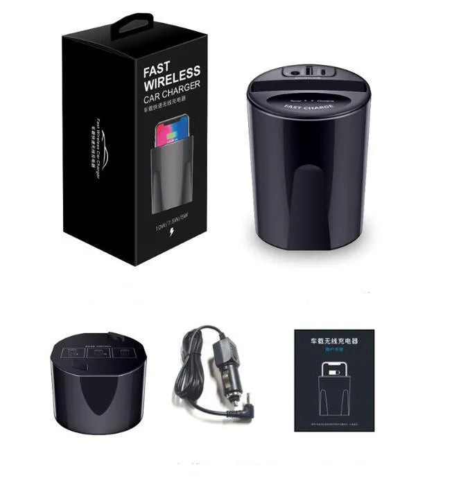 Black car wireless charging cup with detachable base stand for QI smartphones.