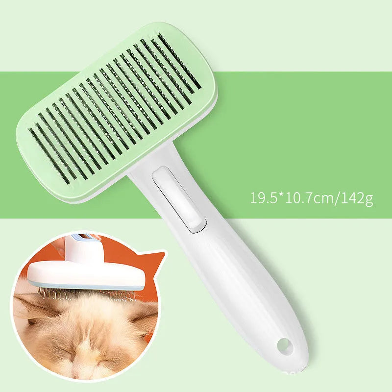 Automatic pet hair removal comb for dogs and cats in blue, grey, green, or pink colour