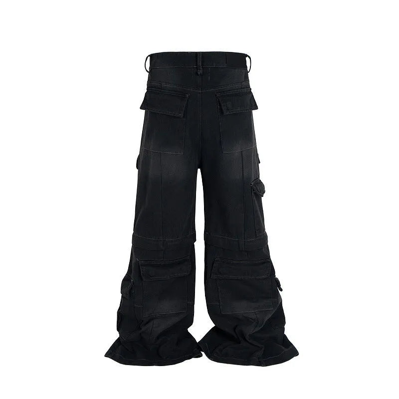 Cotton denim detachable overalls with washed-out finish and multiple pockets in black colour option