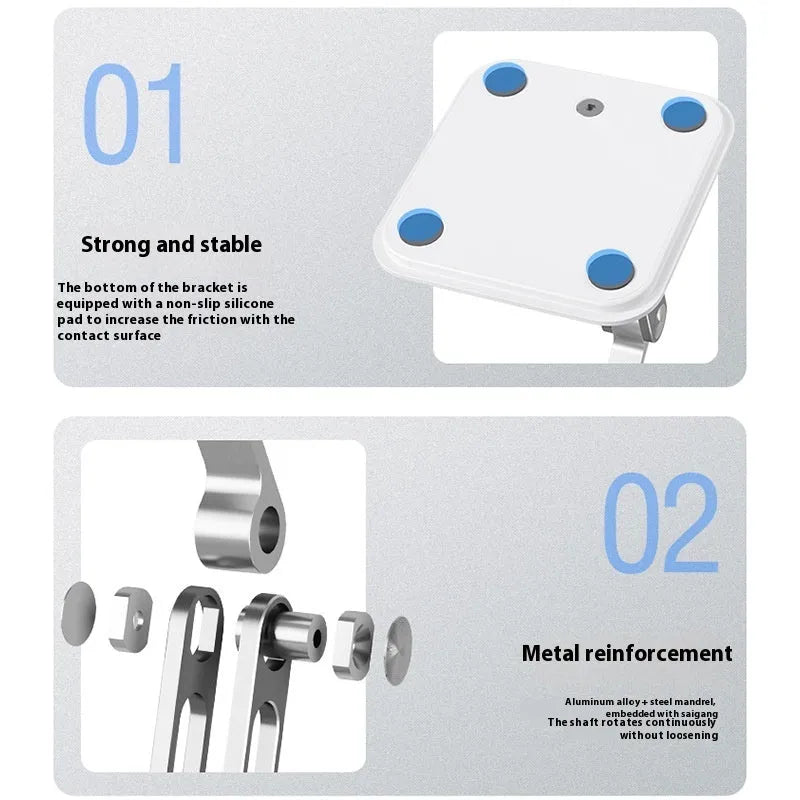 White aluminium alloy folding tablet and phone stand on a desk, folded size 20x13.6x8.3cm