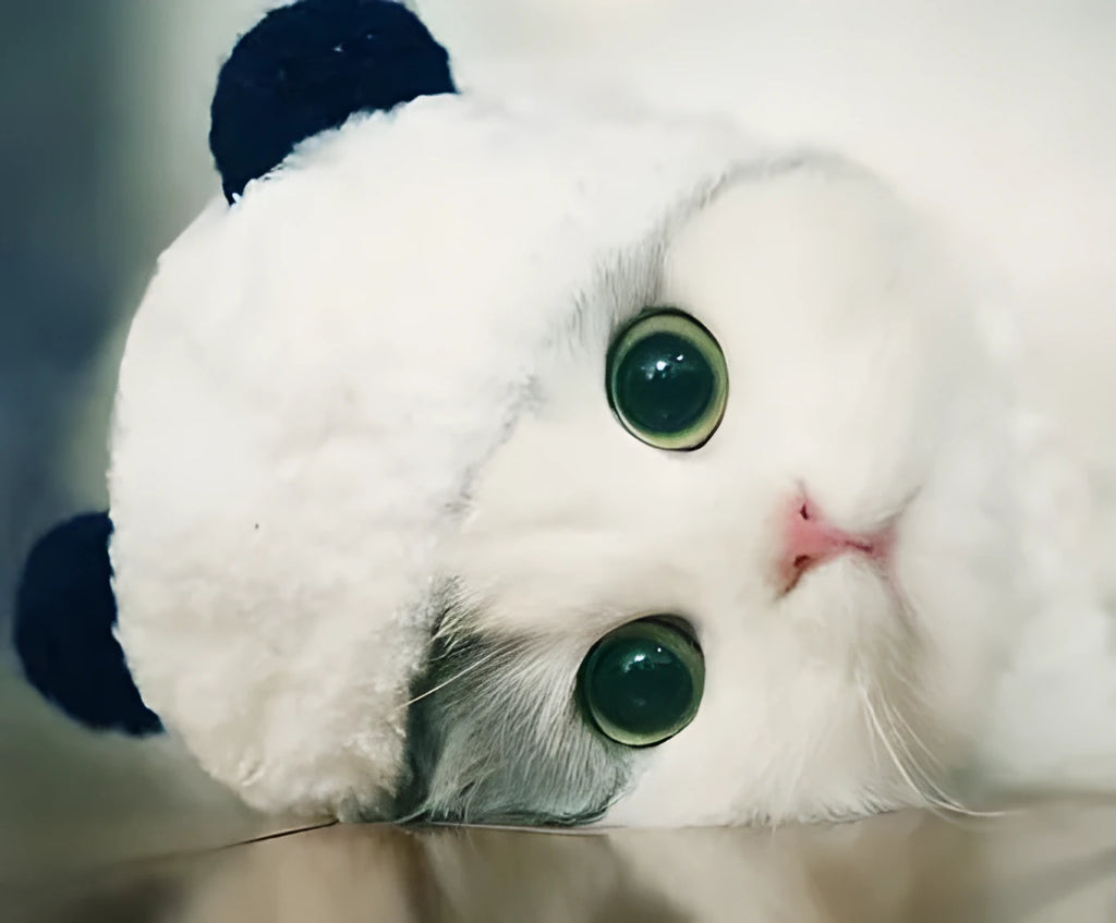 White wool panda costume pet hat with adjustable fit for cats and small dogs, sizes S M L XL