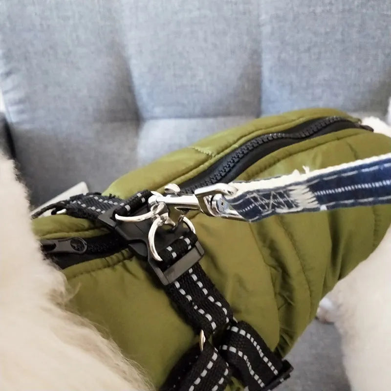 Waterproof dog coat with built-in harness in red, navy blue, or army green colours