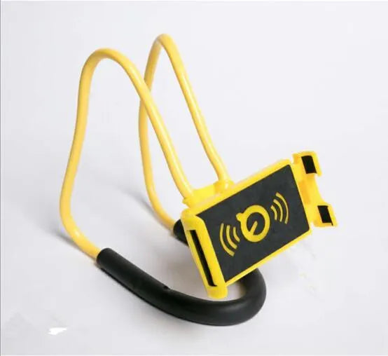 White universal neck phone holder with 360-degree rotating clamp holding a smartphone.