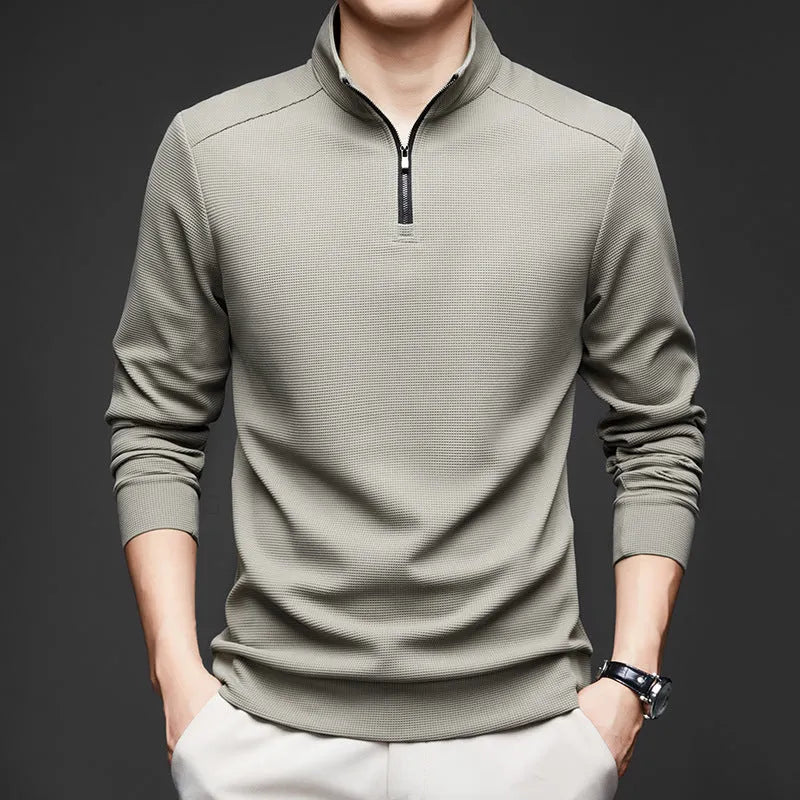 Men's lapel long sleeve solid colour polyester cardigan in dark gray, front view