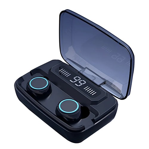 Black M11 style Bluetooth wireless headset with digital display, showing charging case with integrated mobile phone holder.