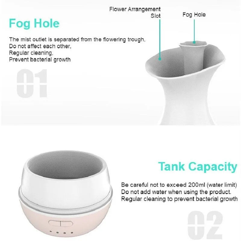 Pink and white ultrasonic aromatherapy humidifier with colourful LED night light and 200ml water tank