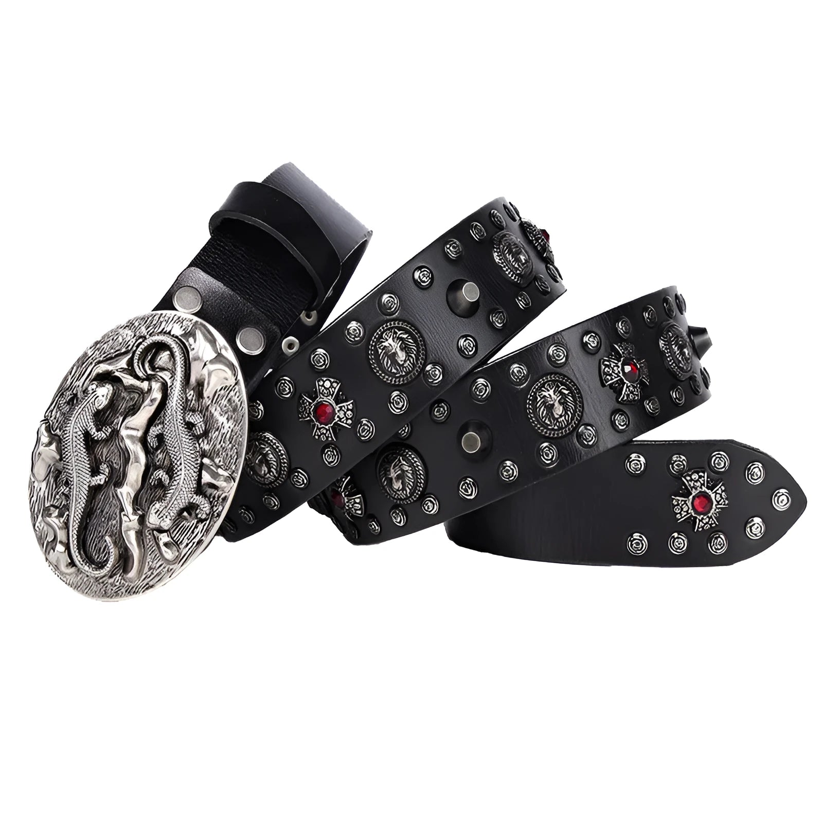 Men's black genuine leather belt with punk rivet detailing and a silver alloy smooth buckle.