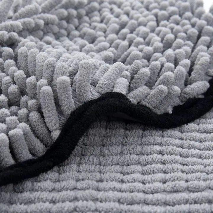 Blue microfibre pet bath towel for drying dogs and cats, showing robe-style design