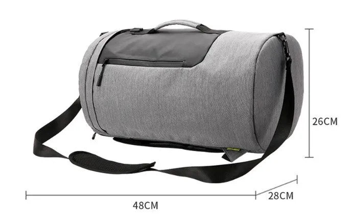 Large-capacity waterproof duffel bag for men, polyester, 36-55L, cylinder shape, light grey colour