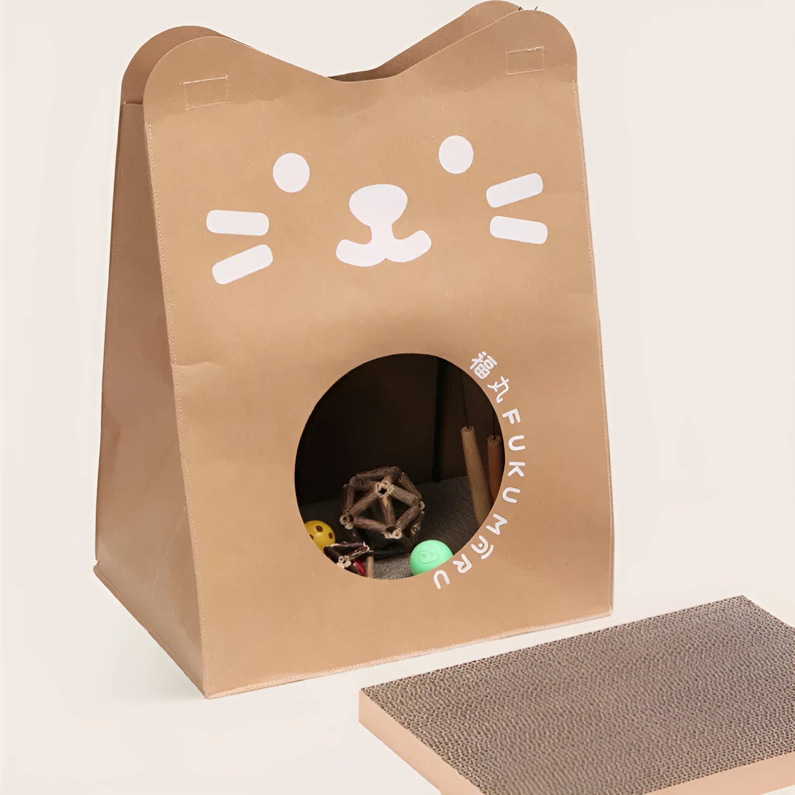 Brown washable kraft paper bag cat nest with integrated corrugated paper scratching board