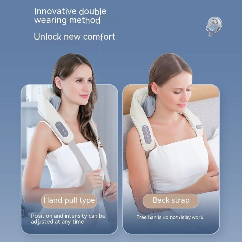 Beige neck massage pillow with six massage heads and wireless remote control on a table