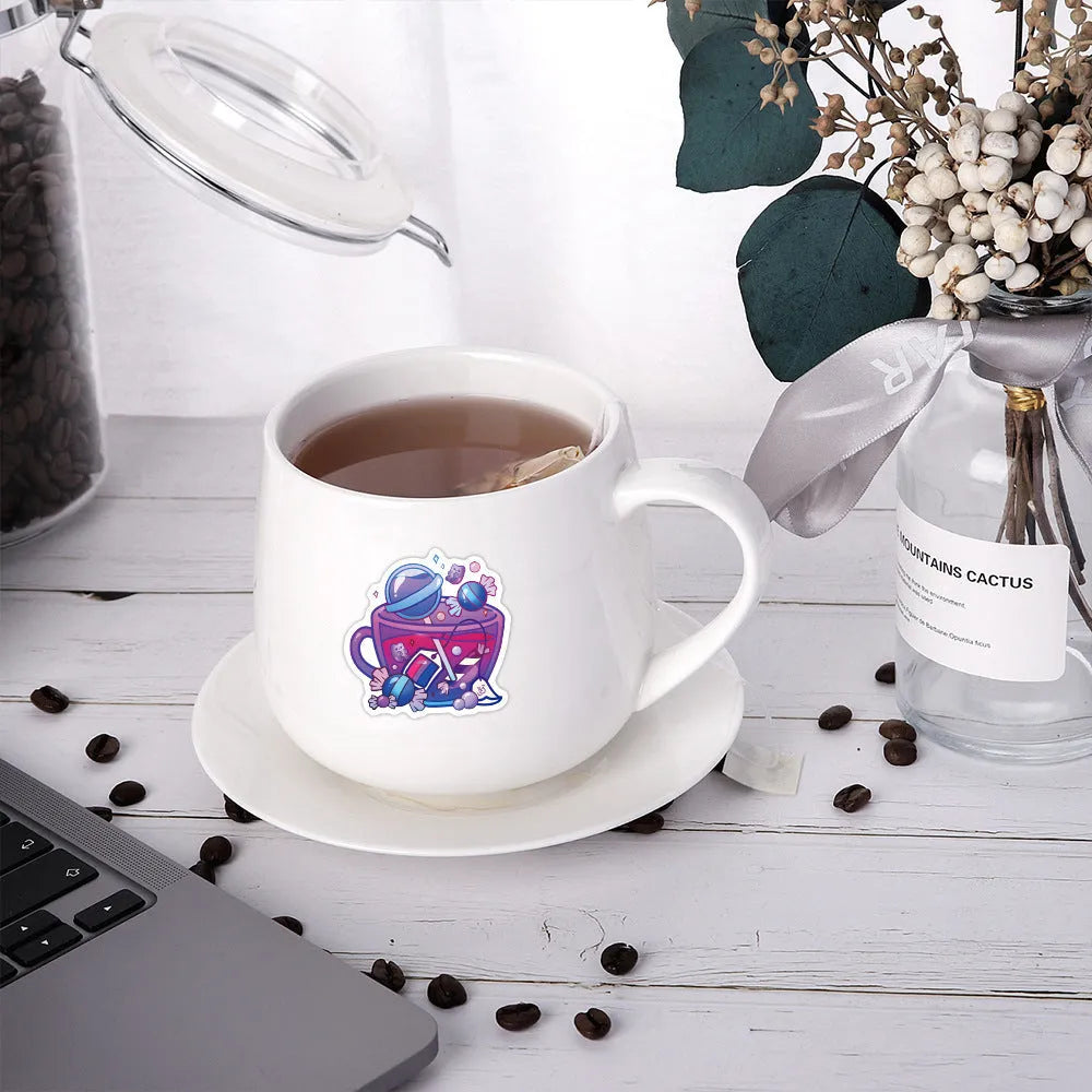 Set of 50 colourful tea cup graffiti waterproof stickers in Nordic style, laid out for display.