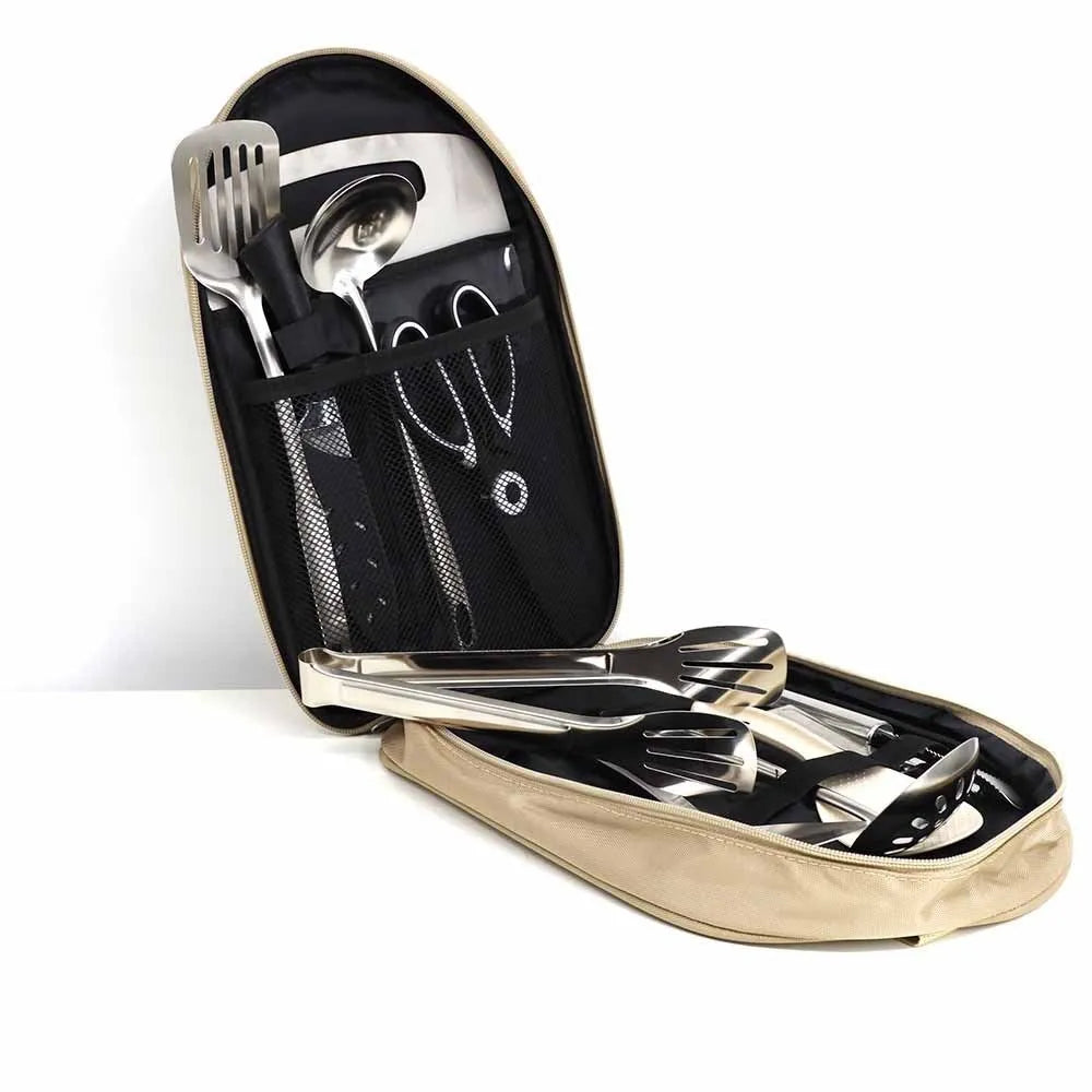 Picnic kitchenware storage bag containing 12-piece stainless steel cutlery set