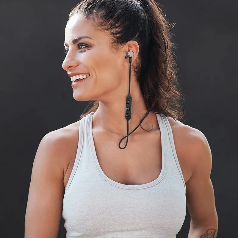 Wireless Bluetooth sports headset with magnetic earbuds and neckband, available in Gun and Black colours