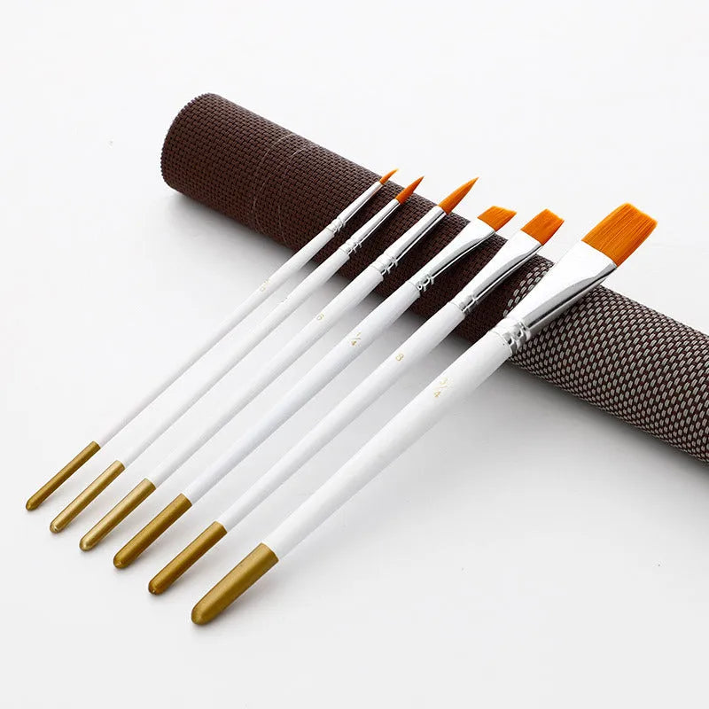 Set of six watercolour acrylic paint brushes with wooden handles, showing different brush sizes from fine to broad.