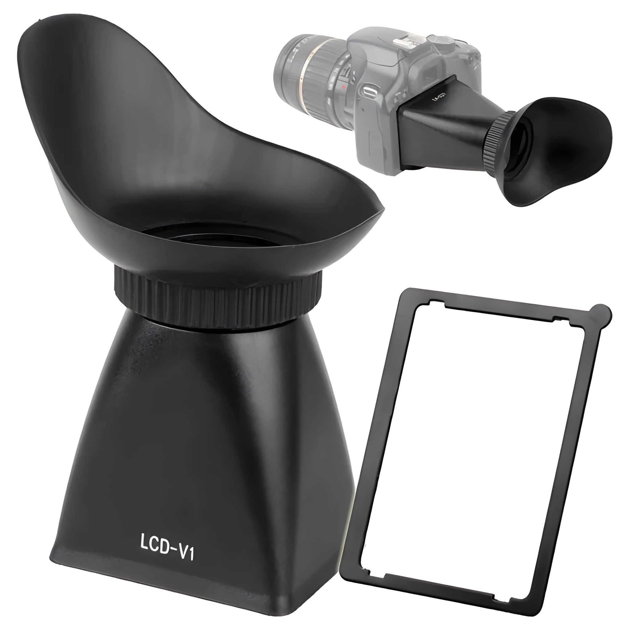 Black camera framing amplifier with optical lens attached to a DSLR LCD screen.
