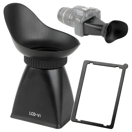 Black camera framing amplifier with optical lens attached to a DSLR LCD screen.