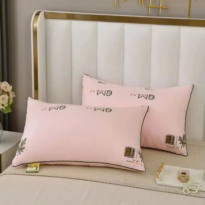 A white polyester fibre bedding pillow core on a bed, with size and weight options shown for 48x74cm and 42x70cm.